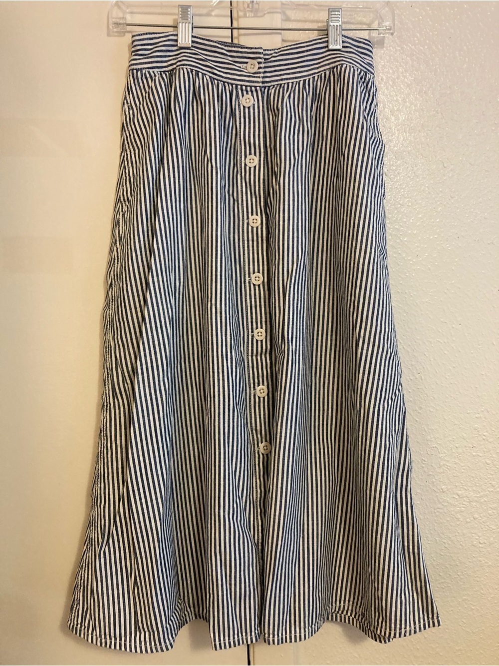 Madewell Navy and White Striped Button-Front Midi Skirt